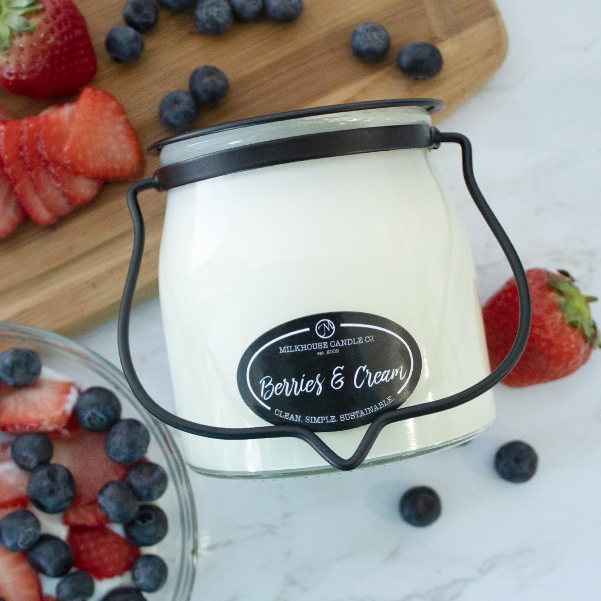 Milkhouse Candle Company Berries & Cream Soy Candle - Raspberry | Blueberry | Sugarcane Scented - 16 oz Butter Jar with Lid, 65+ Hour Burn Time, Made in the USA