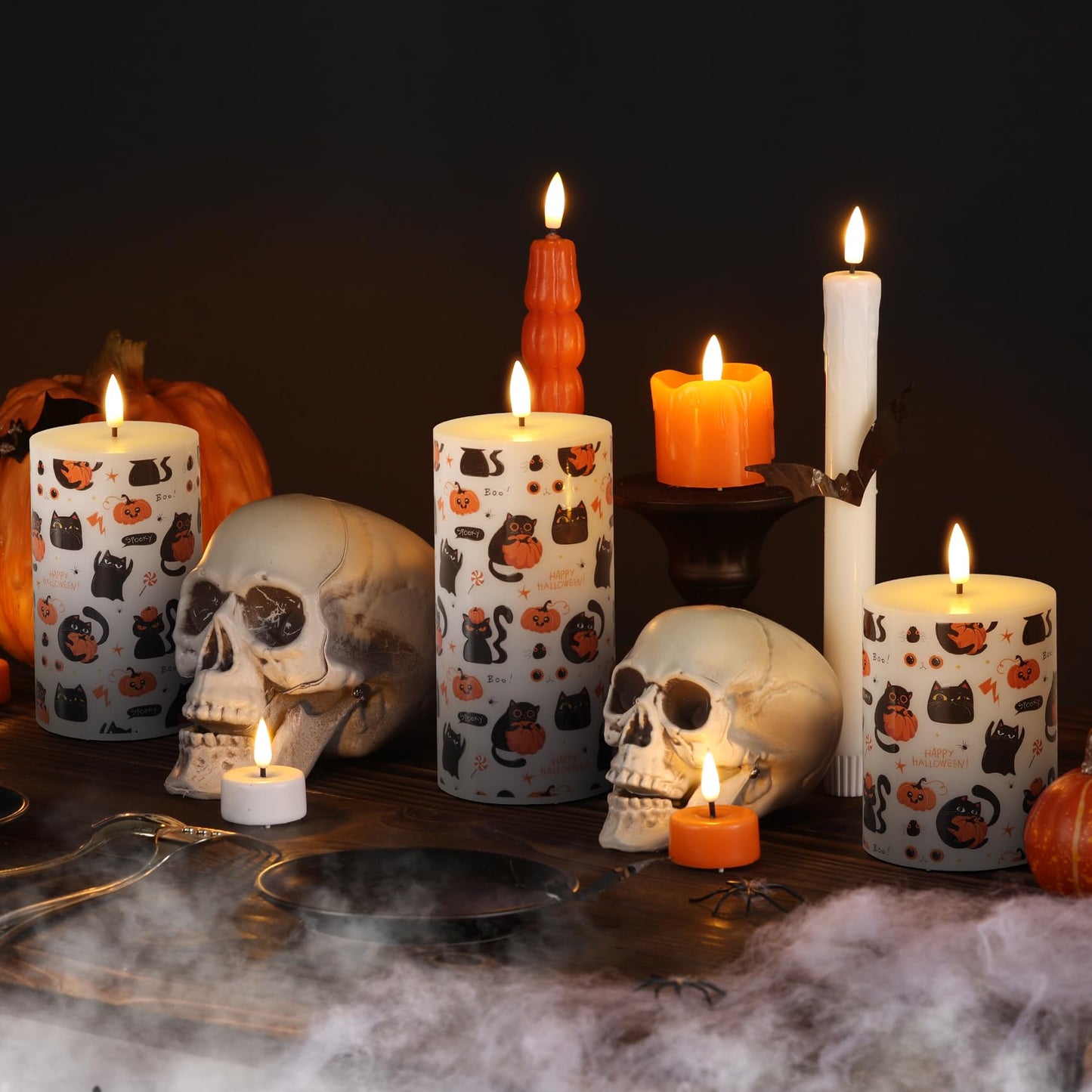 Girimax Halloween Flameless Pillar Candles with Remote, Black Cat Pumpkin LED Wax Candles Battery Operated Set of 3