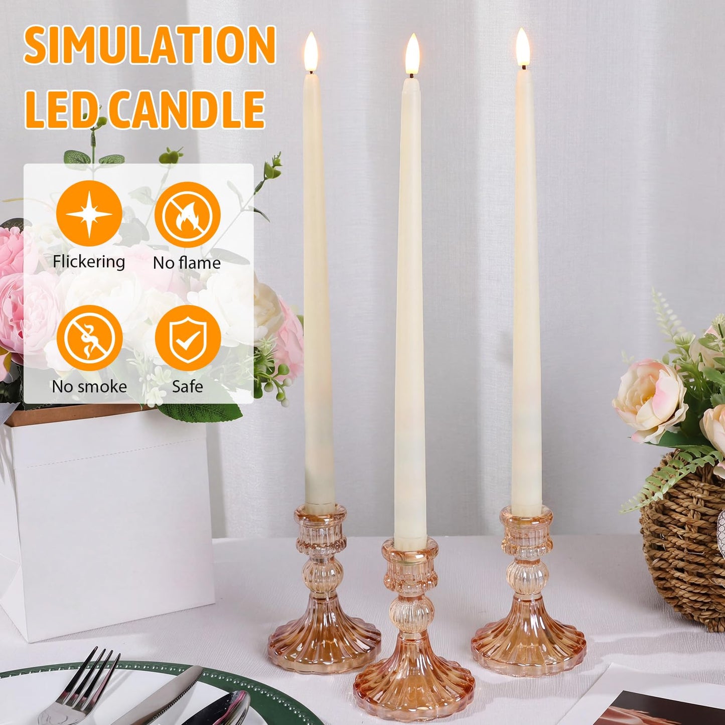Baquler 24 Pcs Flameless Taper Candles Battery Operated Bulk 12.4 Ivory LED Taper Candles Flickering LED Candlesticks for Wedding Advent Halloween Christmas Party Decor