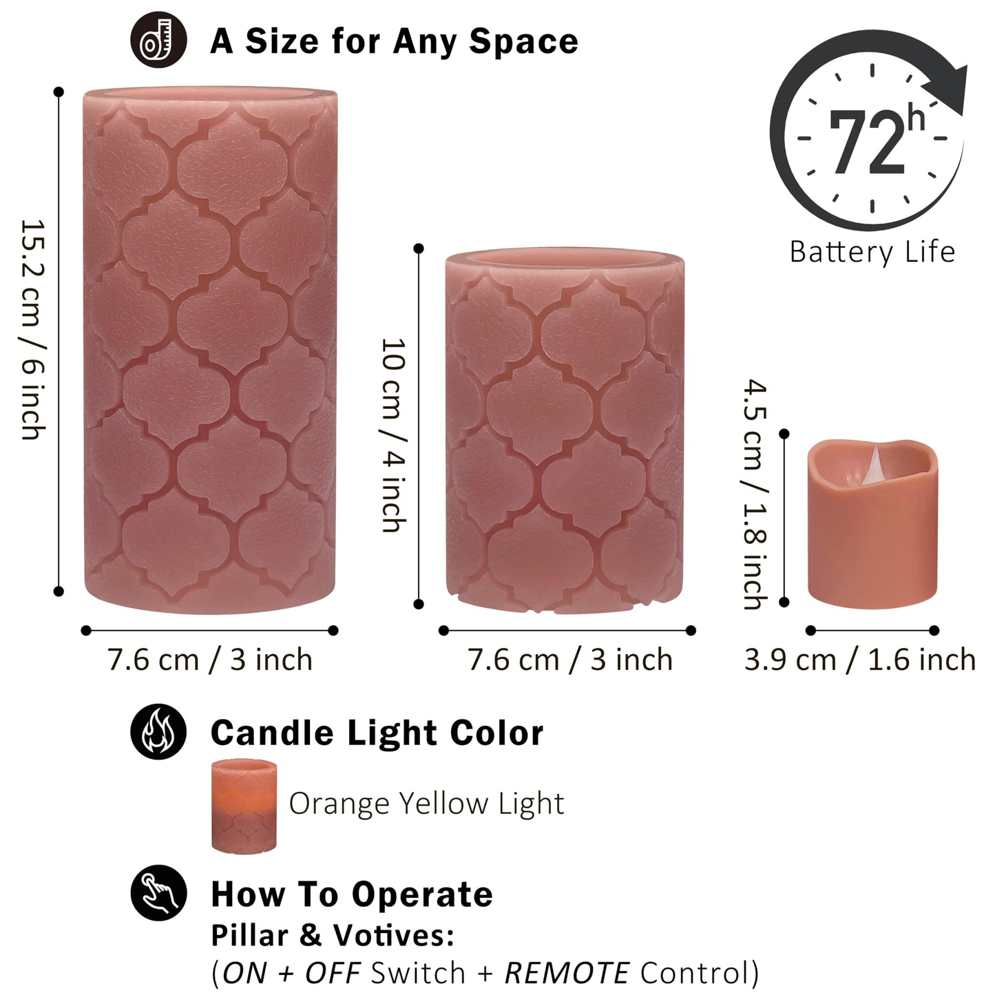 FURORA LIGHTING Dusty Rose Flameless Candles - Real Wax, Adjustable Brightness, Remote & Timer - 4 Pillars (3x4, 3x6) and 4 Votives, 8-Pack, Battery Operated