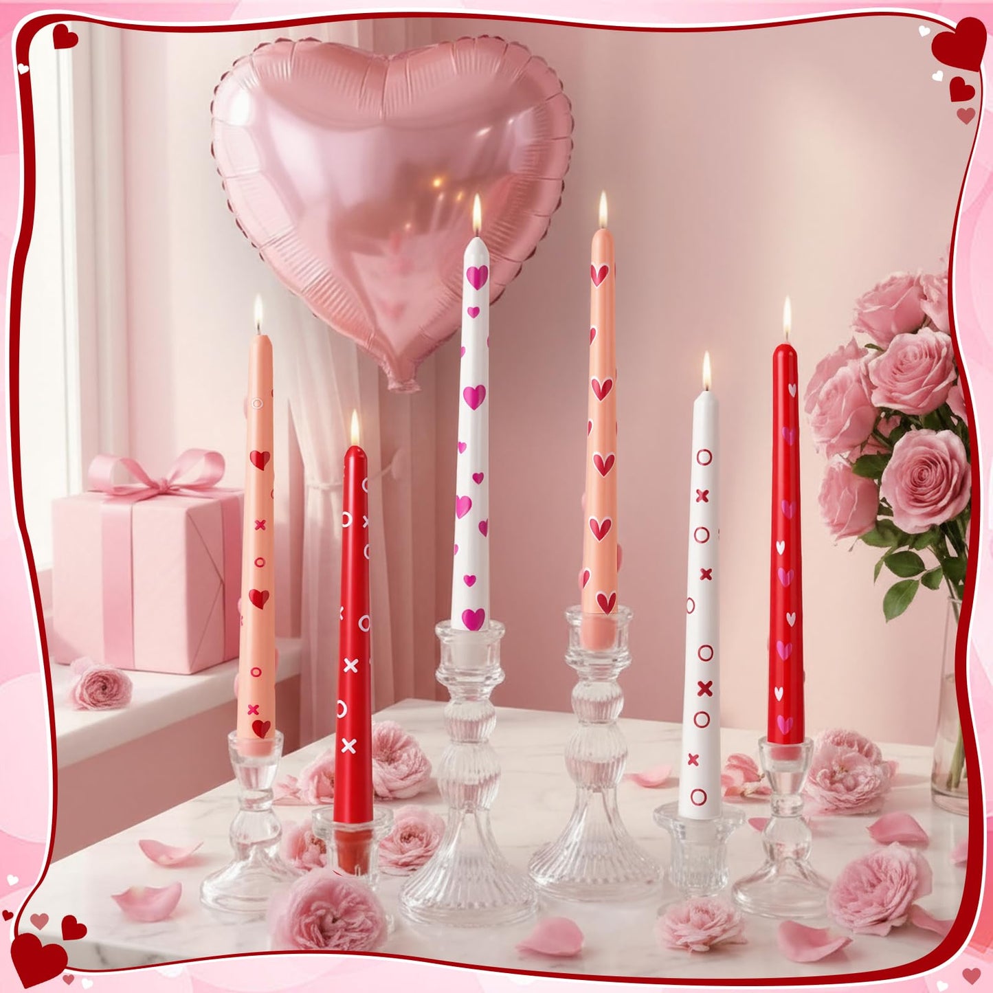 Nuanchu 12 Pcs Valentines Heart Taper Candles Valentine's Day Pink Red Heart Decorative Candles Scented Long Unscented Candlesticks for Wedding Anniversary Birthday Party Holiday Table Decor