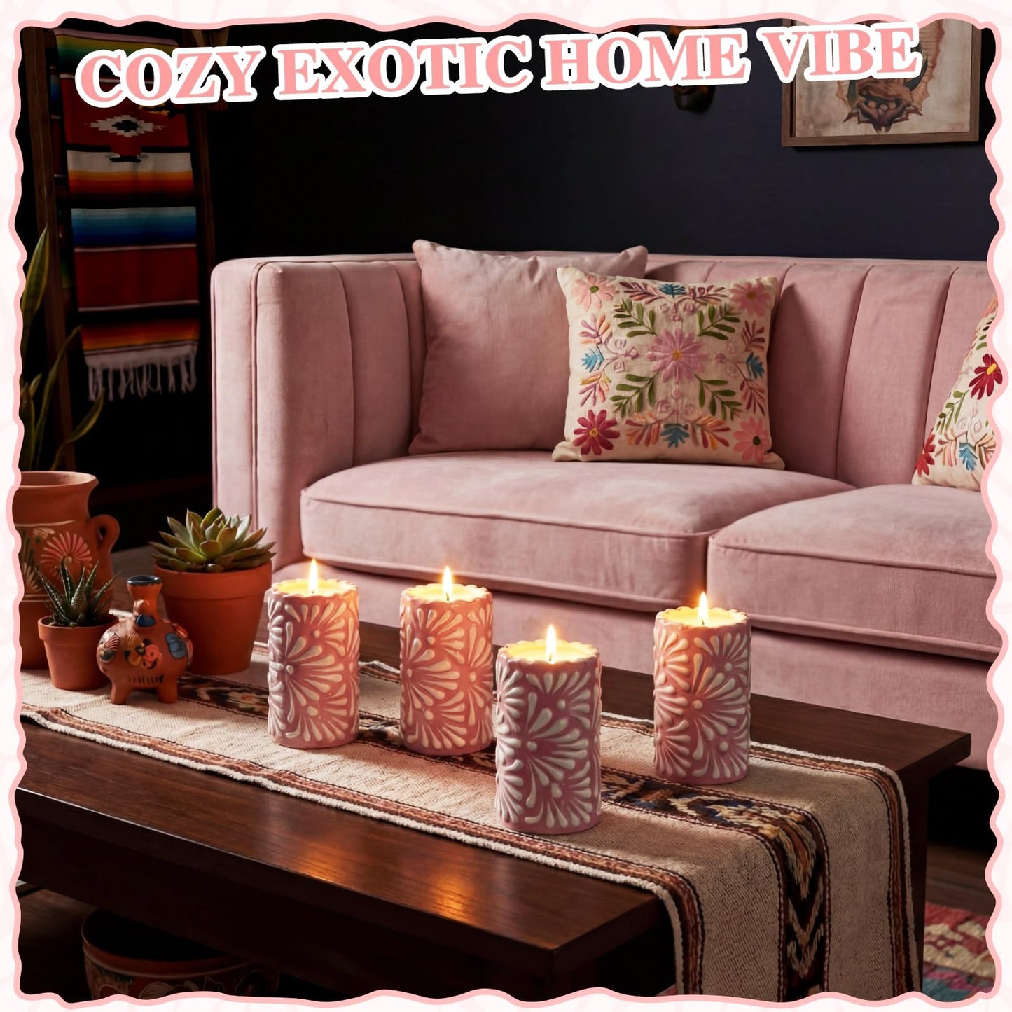 Lounsweer 4 Set Cielito Lindo Party Decorations Mexican Tequila Candle Talavera Mugs Candle for Fiesta Cinco De Mayo Birthday Bridal Shower Bachelorette May 5th Party Home Decor(Pink)