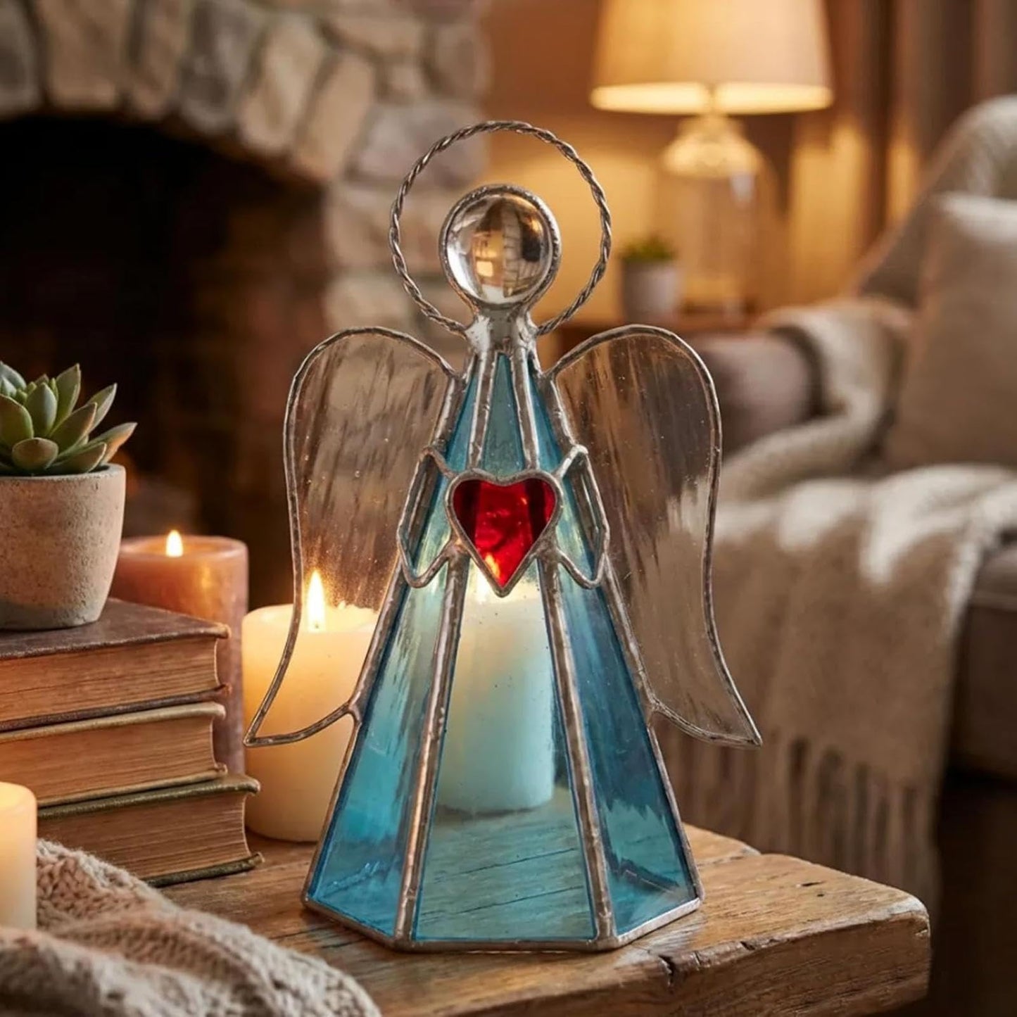 Guardian Angel Stained Glass Candle Holder Sunlight by Day, Warm Glow by Night, Meditation Room & Gift Home Decor Ornament, Available in Pink, Blue, and Yellow, 5.9" x 3.9"