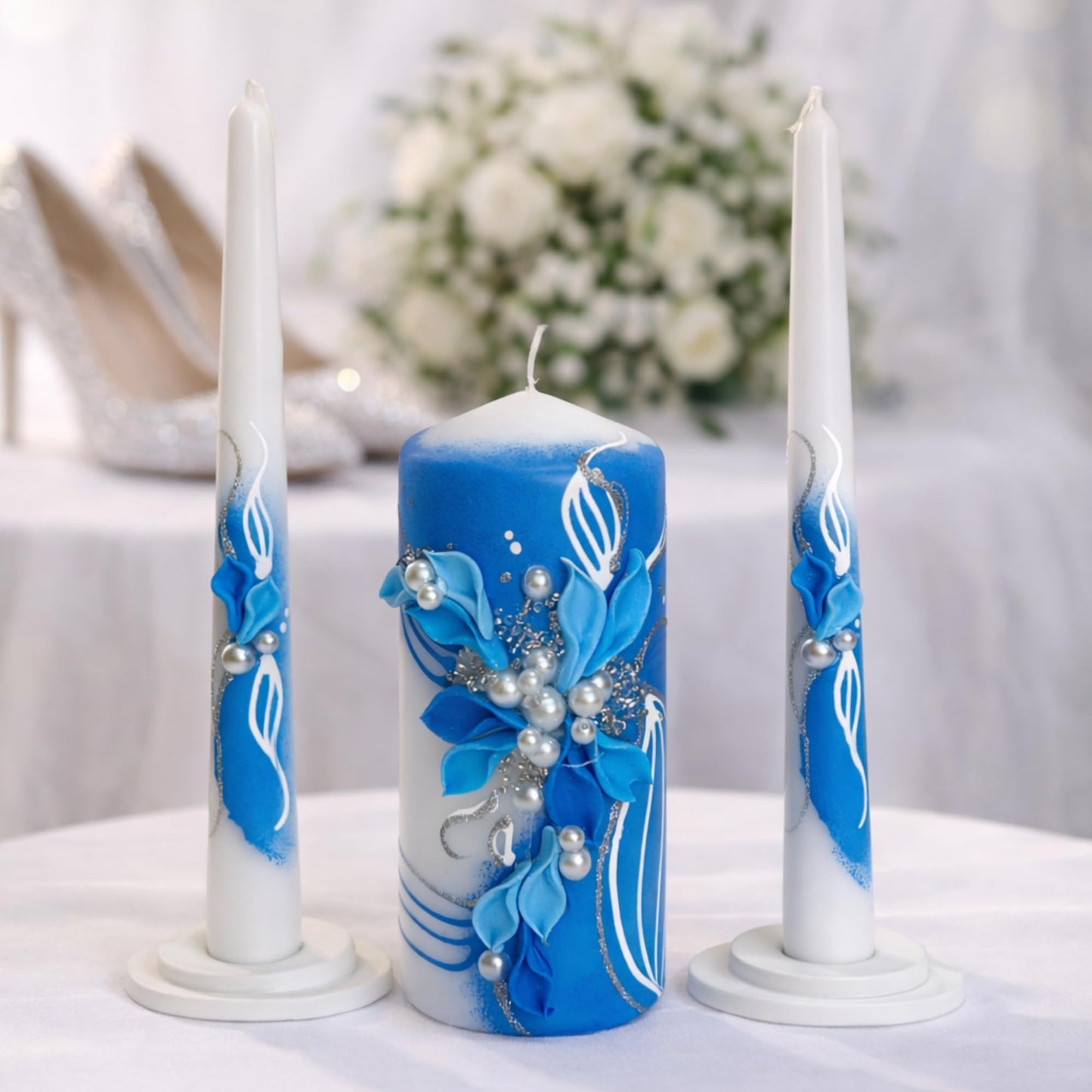 Magik Life Unity Candle Set - Wedding Ceremony & Reception – 6” Pillar & Two 10” Taper Candles – Long Burning Unity Candles for Marriage Ritual – Handmade in USA –White | Royal Blue
