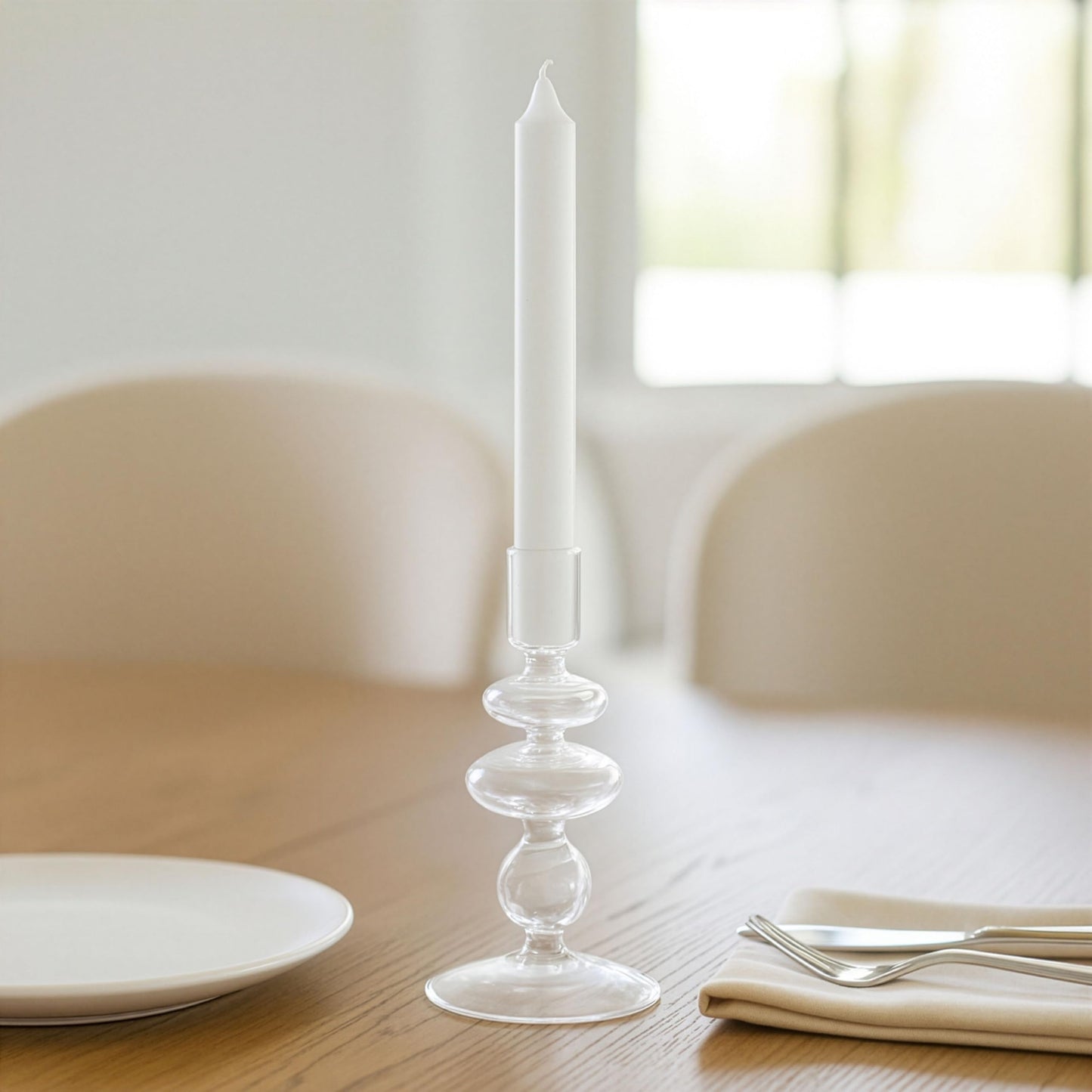 Glass Candle Holder - Taper Candle Holders for Table Decor, Dining Room or Mantel Display, Modern Disc and Sphere Design Home Decor Candle Holder – 7", Frosted Clear Glass