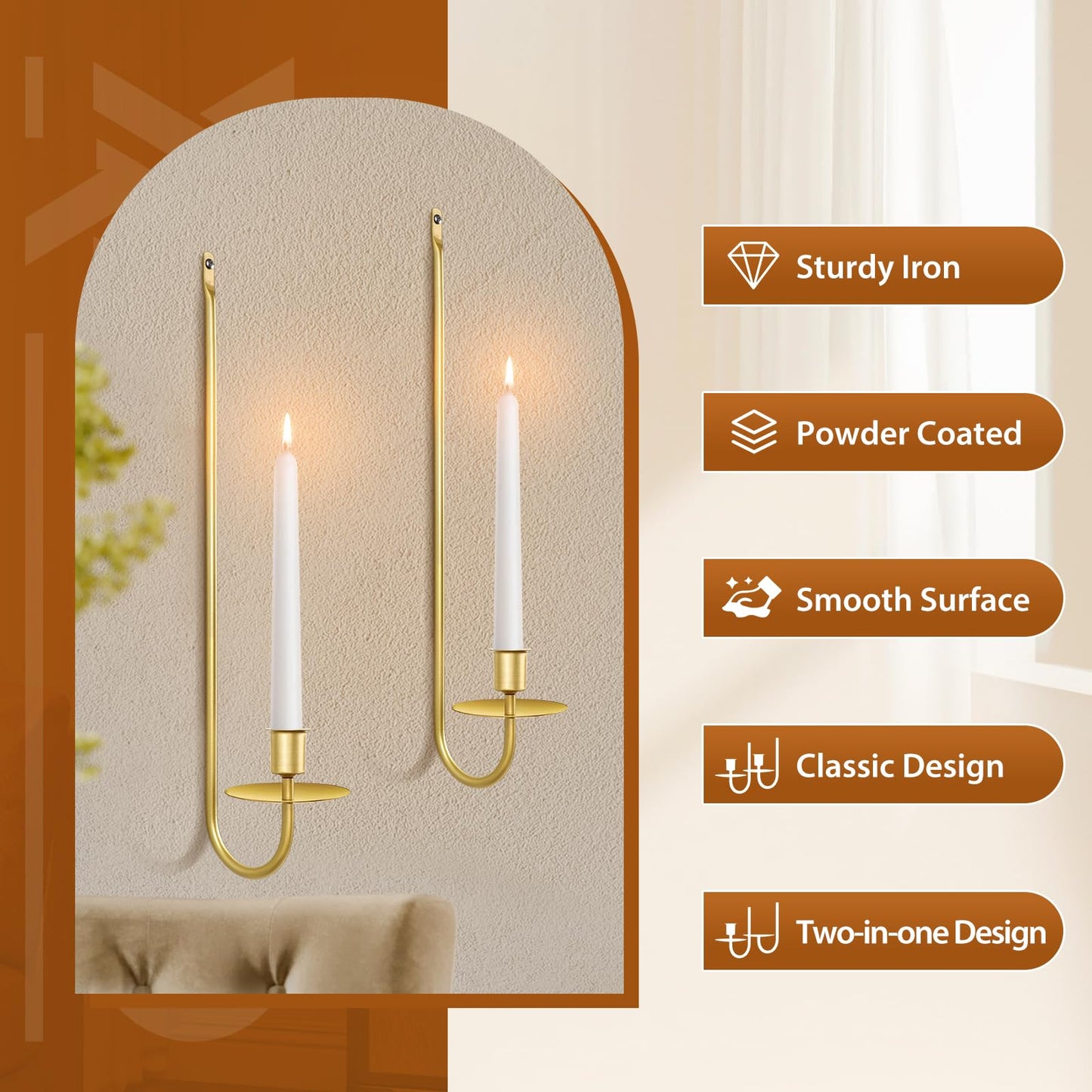 Gold Candle Sconces Set of 2, 13.2 Inch Taper & Pillar Wall Candle Holder, Wall Candle Sconces Set of Two, Decor for Entryway, Fireplace, Living Room, Gifts for Women Men