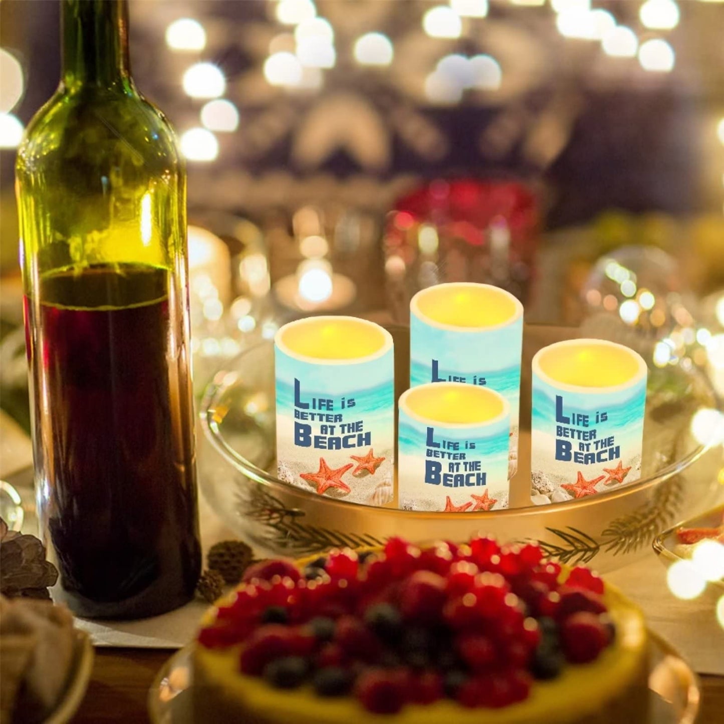 Cozeyat Life is Better at The Beach LED Candles 4 Packs,Flameless Votive Candles Battery Operated,Flickering Electric Tea Lights with Remote and Timer, Lights for Beach Party Wedding
