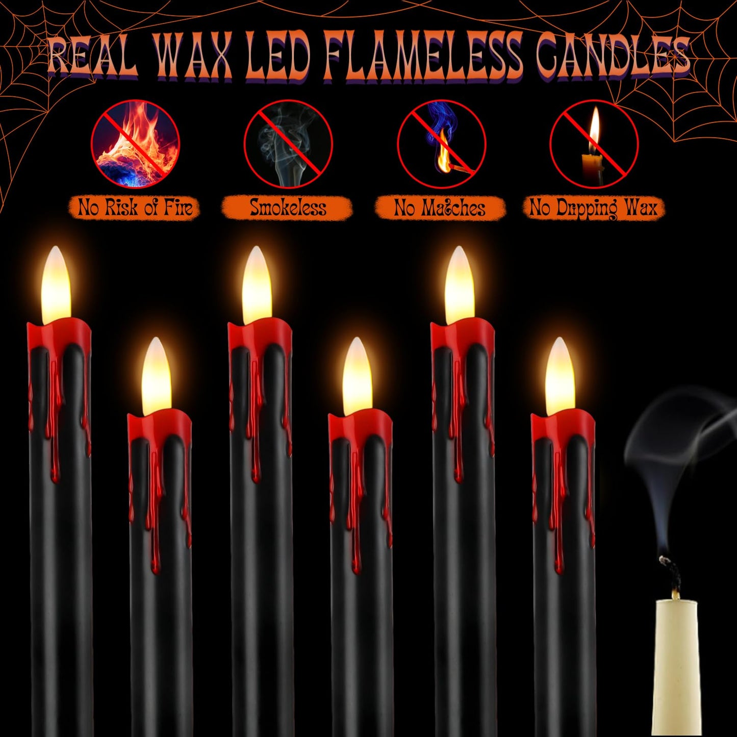 Sratte 6 Sets Halloween Blood Dripping Candle Decoration Led Flameless Candle with Candlestick Holder and Remote Battery Operate Vampire Tears Scary Creepy Decor for Indoor Home(Black Holder)