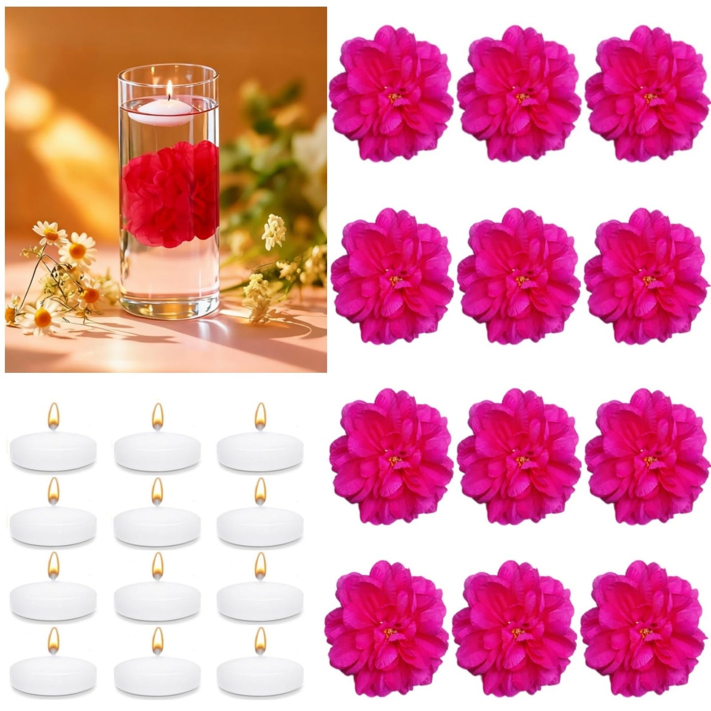 UDU 24 Pcs Floating Candles for Centerpieces and Floating Flowers for Centerpieces Artificial Flower Head for Home Birthday Wedding Party Table Decor Rosered