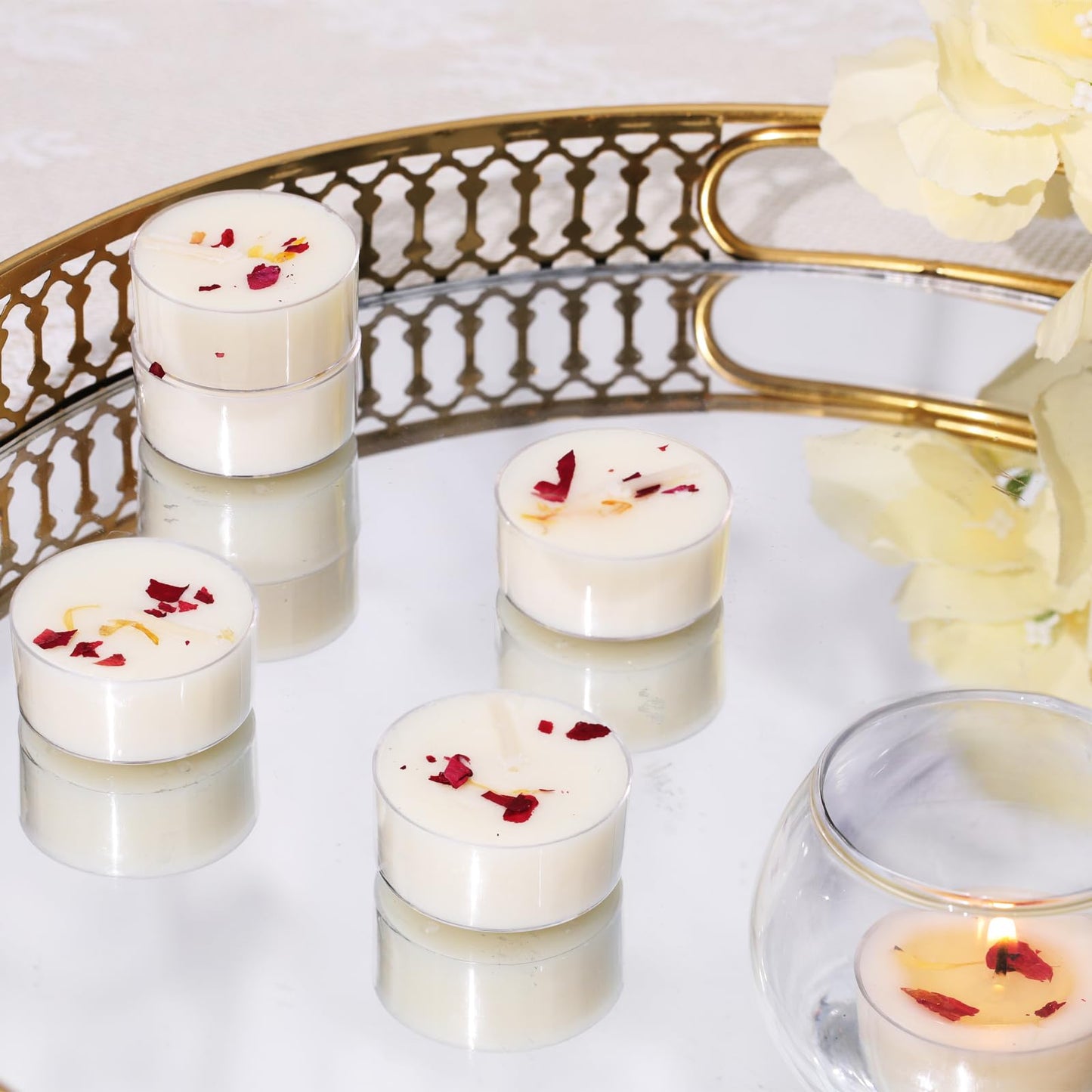 48Pcs Rose Scented Tealight Candles, Palm Wax White Tea Lights, 4h Long Burning Tea Light Candles with Dried Flowers for Holiday, Wedding, Spa, and Home Decoration