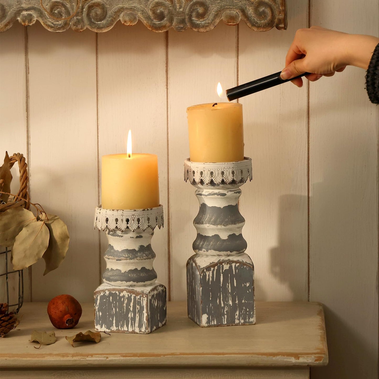 NIKKY HOME Farmhouse Pillar Candle Holder Set of 2 - Rustic Wood Decorative Candlesticks Pedestal, Centerpieces Decor for Fireplace Mantle Coffee Bar Dining Table, Distressed Grey