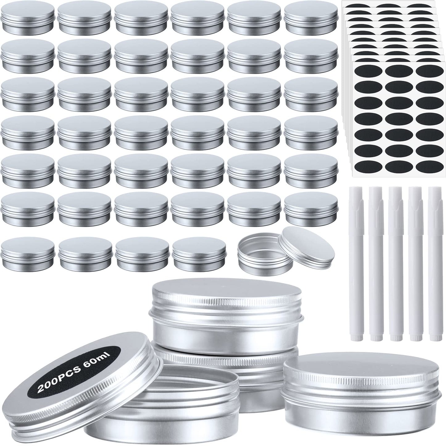 Zubebe 200 Pack Metal Tins with Lids Bulk Screw Top Aluminum Tin Containers Round Tin Cans for Cosmetic Lip Balm DIY Salves Candles Wax with 5 Markers 10 Sheets Label Stickers (Silver,2 oz)