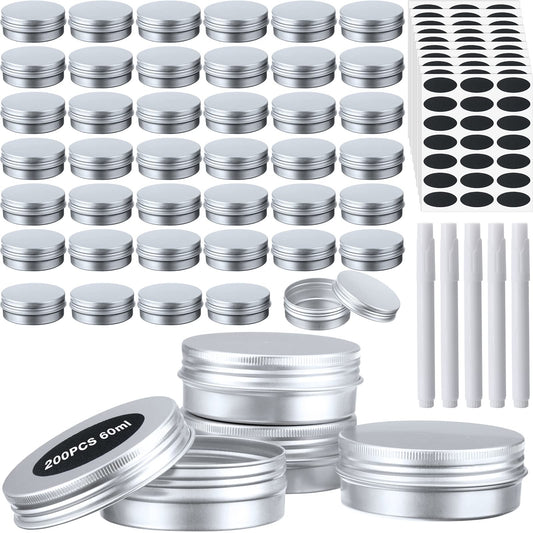 Zubebe 200 Pack Metal Tins with Lids Bulk Screw Top Aluminum Tin Containers Round Tin Cans for Cosmetic Lip Balm DIY Salves Candles Wax with 5 Markers 10 Sheets Label Stickers (Silver,2 oz)