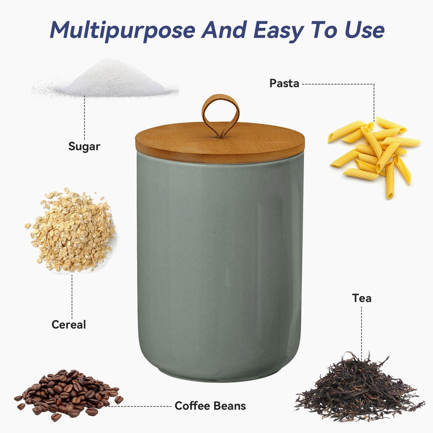 Jueison Large Ceramic Storage Jars, Modern Elegant Highly Polished Airtight Gorgeous Storage Canisters with Wooden Lid Food Storage Jar for Kitchen Spice Tea Vanilla Sugar Coffee Beans (Light grey)