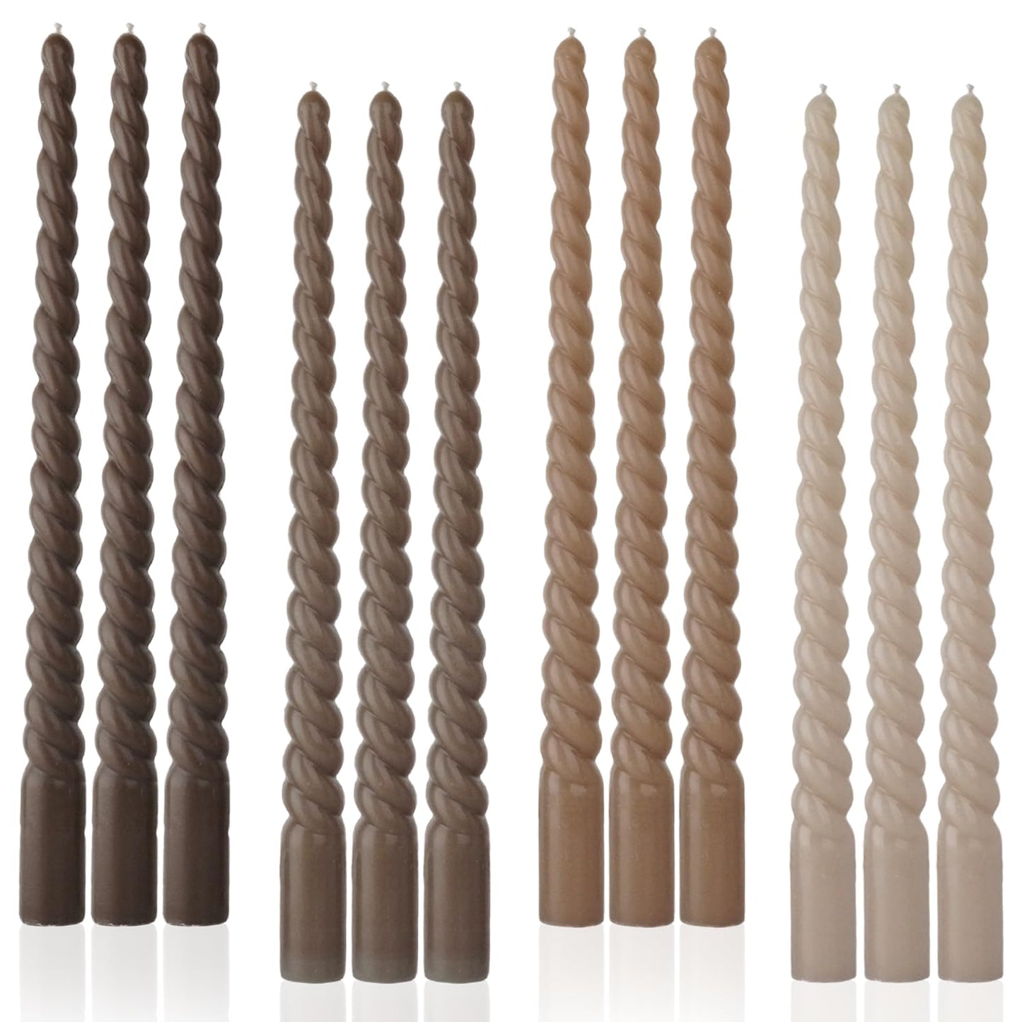 LPUSA Brown Tall Taper Candles 12 inch Unscented Smokeless Long Spiral Tapered Candle for Candlesticks Sticks Wedding Advent Home Decor Dinner Christmas，Set of 12,Spiral