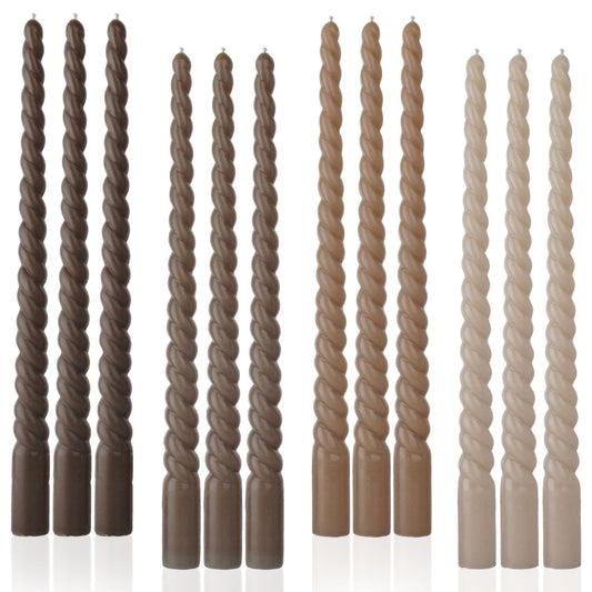 LPUSA Brown Tall Taper Candles 12 inch Unscented Smokeless Long Spiral Tapered Candle for Candlesticks Sticks Wedding Advent Home Decor Dinner Christmas，Set of 12,Spiral