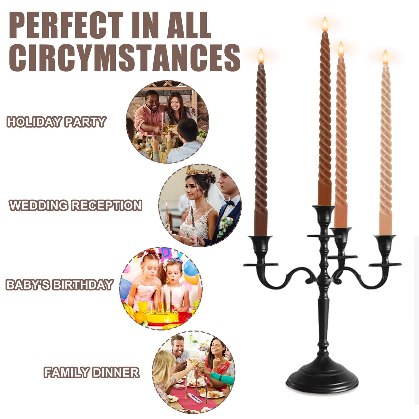 Whaline 8Pcs 10 Inch Gradient Brown Spiral Taper Candles Dripless Twisted Wax Candles Long Unscented Candle Sticks for Wedding Party Home Dining Table Decor