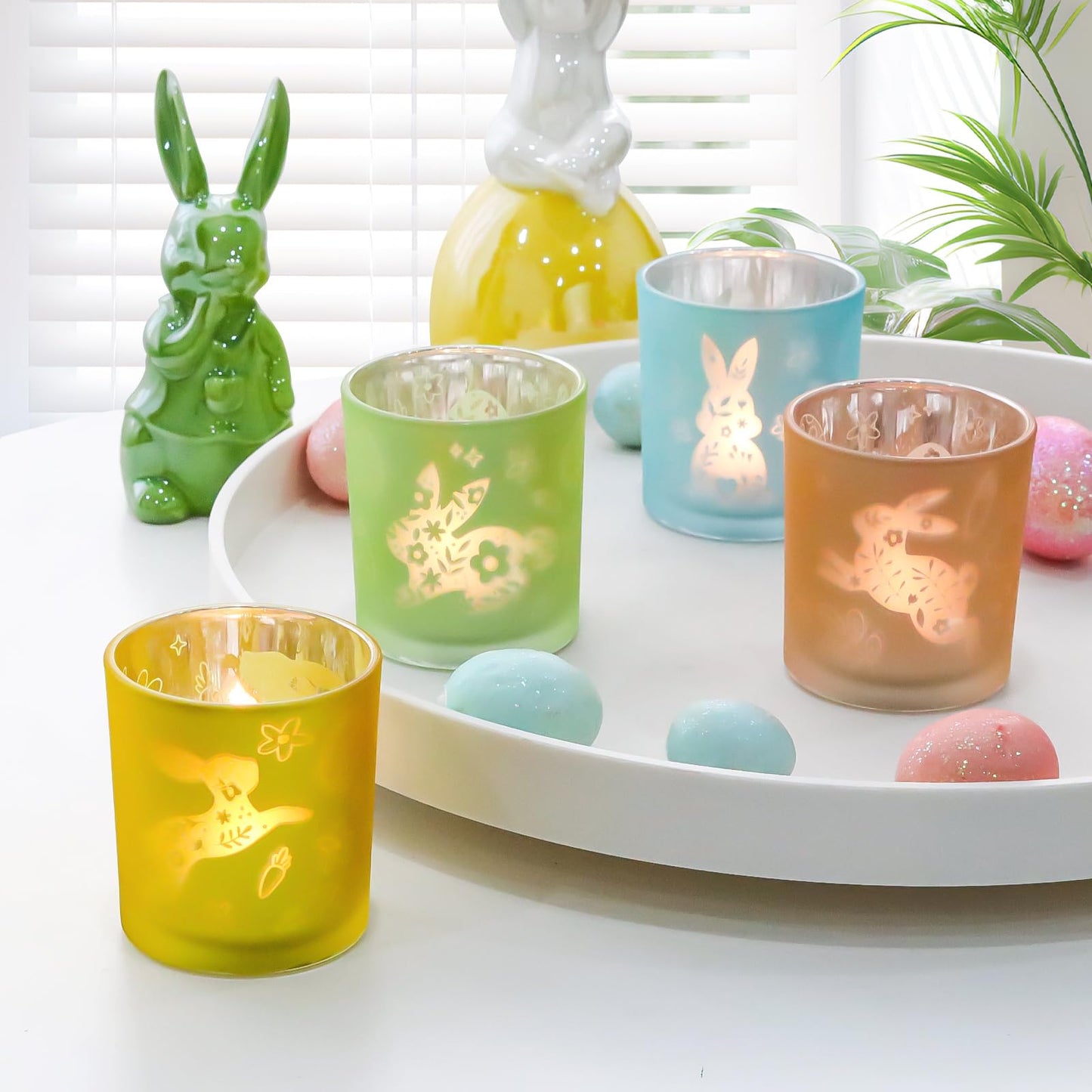 SHMILMH Easter Candle Holders Set of 4 Frosted Glass Votive Tealight Holders Engraved with Bunny Egg Easter Decorations Home Decor Table Centerpiece Gift for Women