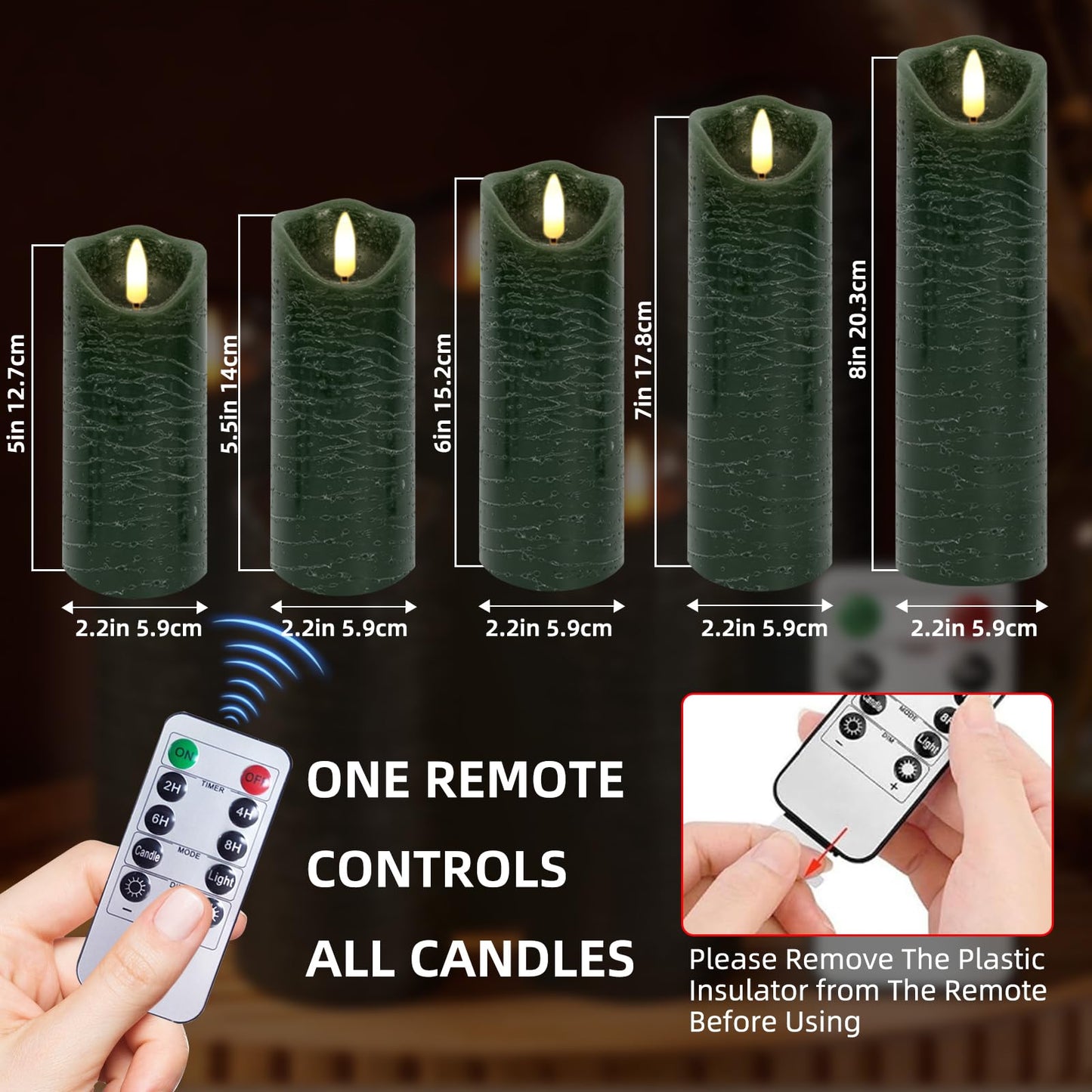 MiKoyi Flameless Pillar Candles with Remote, Battery Operated Candles Real Wax, [5-Pack] Fake LED Flickering flameless Candle with Timer Function for Room Home Decor (2.2" * 5/5.5/6/7/8") - Green