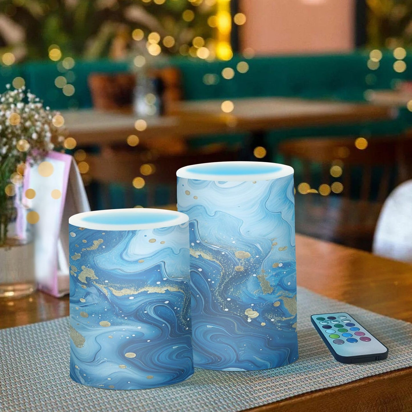 Gravopti Blue Gold Marble Flameless LED Pillar Candles Set, Battery Operated with Remote Timer, 3" x 5" & 3" x 4" Indoor Outdoor Decor (2 Pack)