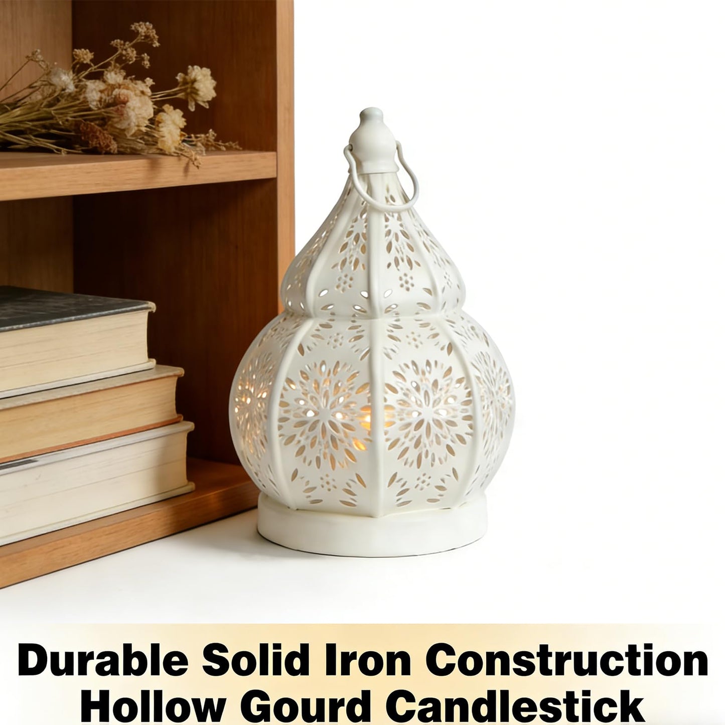 1pcs Iron Gourd Hollow Candle Holder Projection Ambient Decor for Home Garden Courtyard Decorative Ornament (Black)