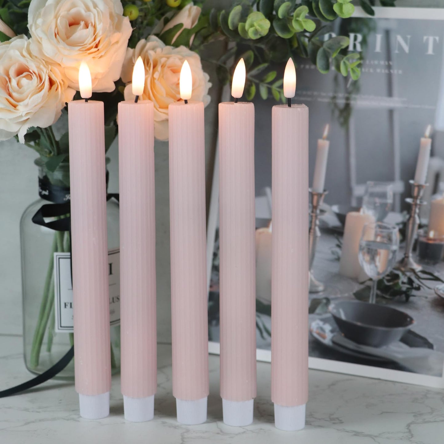 DRomance Pink Flameless Flickering Taper Candles Battery Operated with 10-Key Remote and Timer 6 Pack 3D Wick Vertical Stripe Real Wax LED Taper Candles Spring Dinner Holiday Decor(0.78" D x 9.64" H)