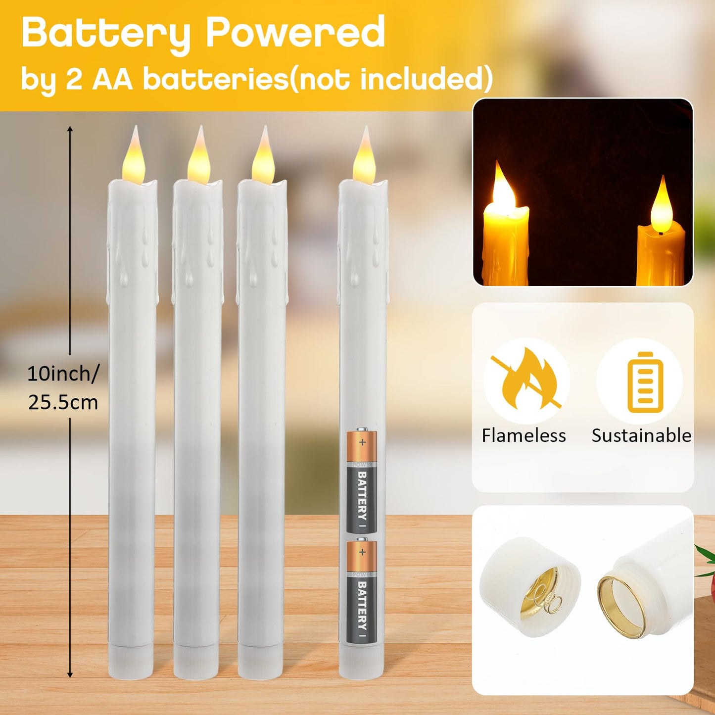 Baquler 24 Pcs 10 Inch White Flameless Taper Candles Dripless Battery Operated LED Flickering Candlesticks Window Candle with 3D Flickering Flame for Easter Home Wedding Church Decor