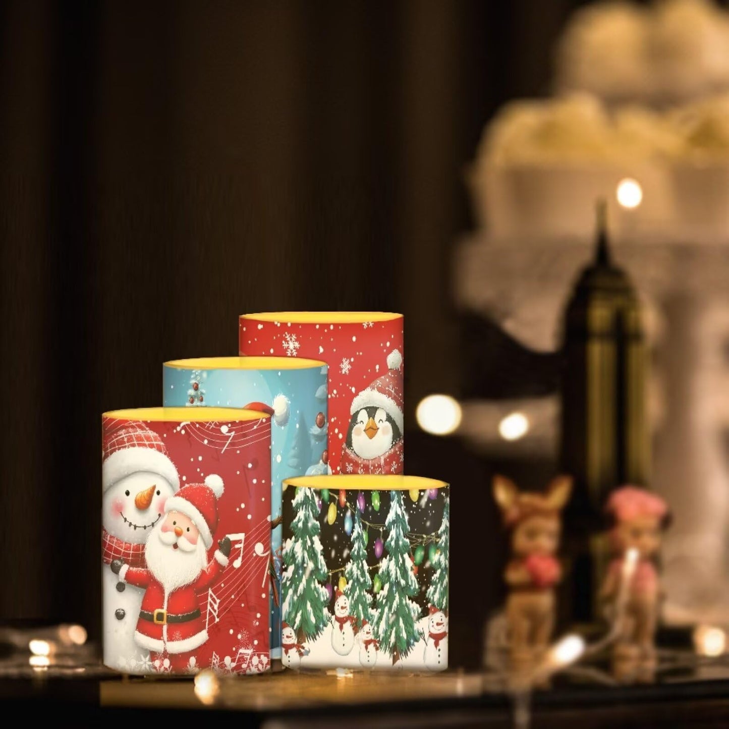 NETILGEN Christmas Day Decorative Flameless LED Candles Set of 4 Electric Candles with Remote Timer Control Color Changing, Santa Claus Snowman Print