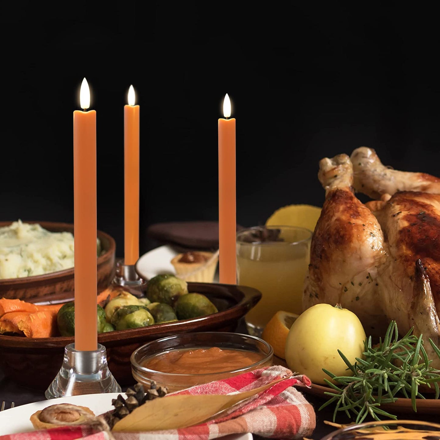 Stmarry Flameless Orange Taper Candles with Remote - 10 Inch LED Candlesticks Flickering, Realistic 3D Flame with Wick, Warm White Light, Thanksgiving Fall Autumn Decor for Home, Timer - Set of 6