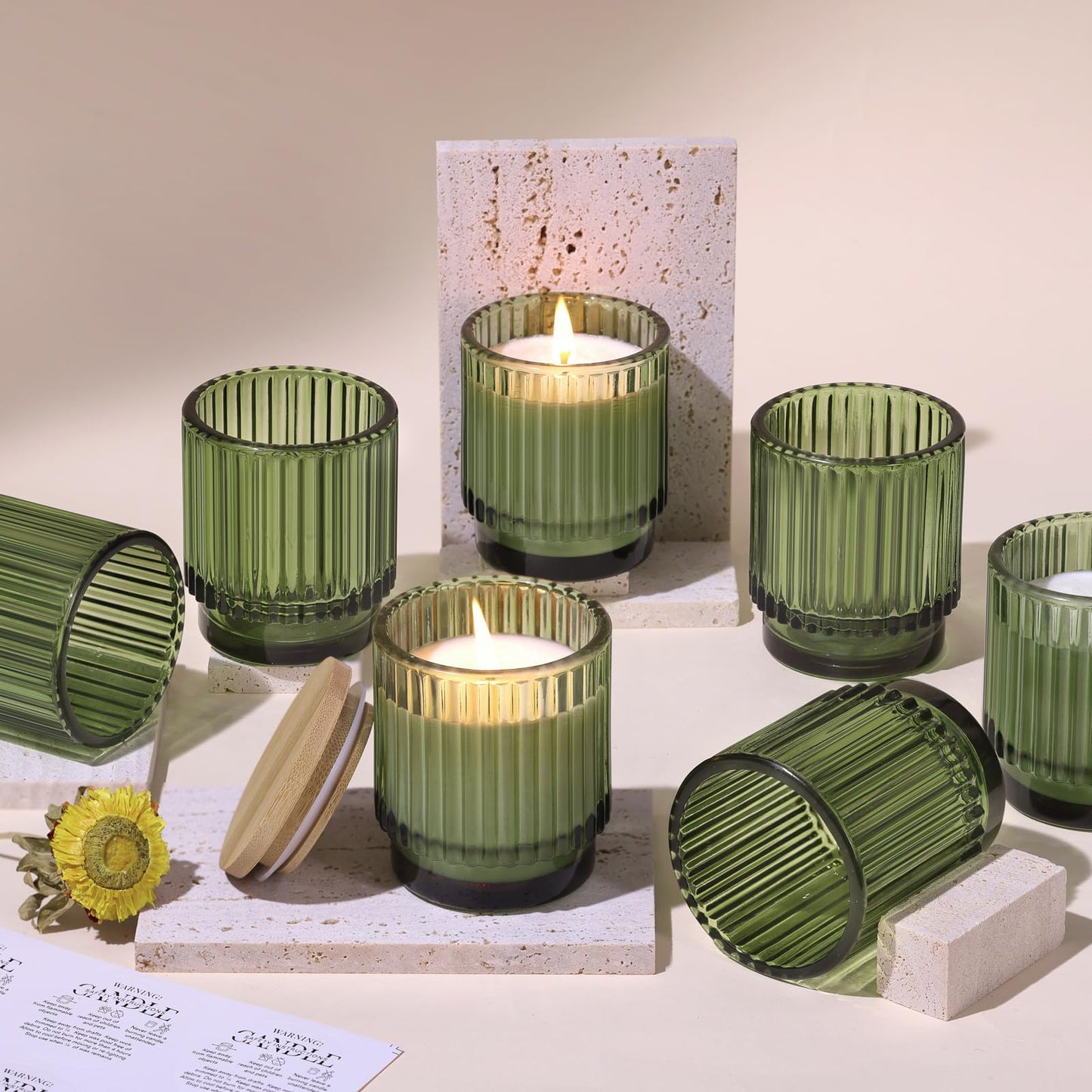 DEVI 7oz Empty Green Ribbed Glass Candle Jars - Set of 8, Glass Candle Containers with Bamboo Lids, Bulk Supplies for Gifts & Wedding Decorations