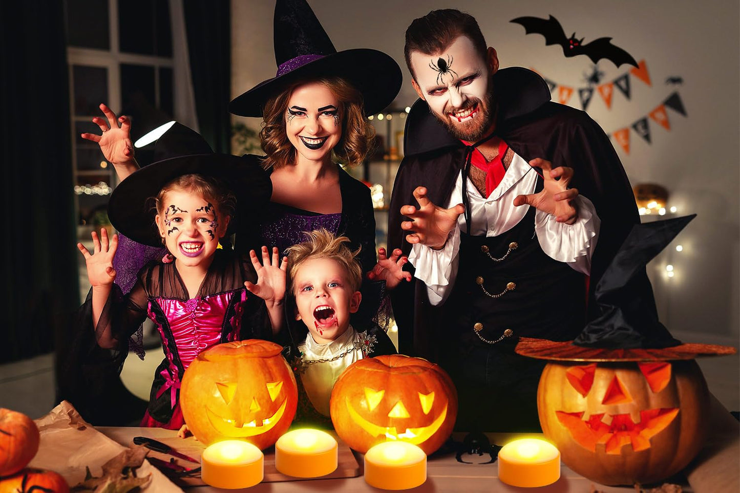 Yakpo 4 Pack Battery Operated Timer Halloween LED Pumpkin Lights with Remote, Flameless Flickering Orange Jack O Lantern Light, Outdoor Electric Orange Candle for Halloween Pumpkin Decorations