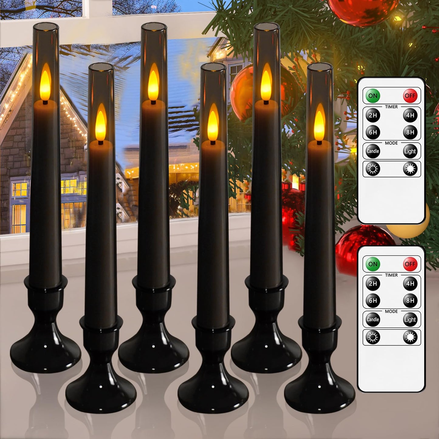 Lezonic Flameless Windows Candles Battery Operated with Timer Remote, 6Pcs Grey Acrylic Flameless Candlesticks with Holders, LED Taper Candles Flickering for Halloween Christmas, 0.8 x 8 inches