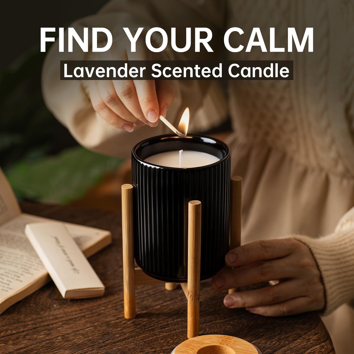 HUICAIMAO Lavender Scented Candle with Wood Stand& Ceramic Jar - 60H Natural Soy Wax, Highly Scented Aromatherapy Candle for Relaxation, Sleep & Home Decor, Elegant Gift for Women