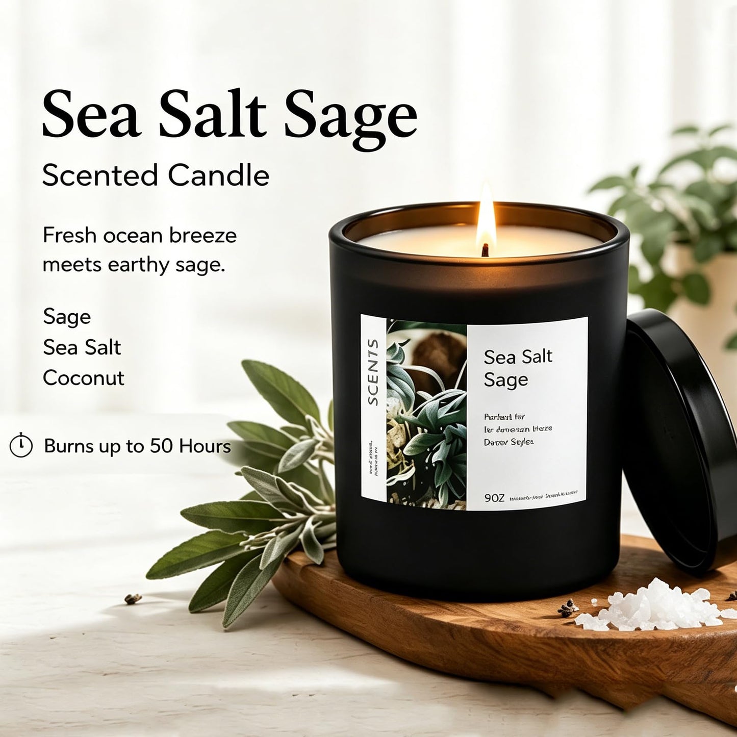 Sea Salt Sage Soy Candle, Driftwood Aromatherapy Candle for Home, Natural Soy Wax Sleep Candle with Citrus Woody Scent for Bedroom, Relaxation, Bath & Self Care Gift
