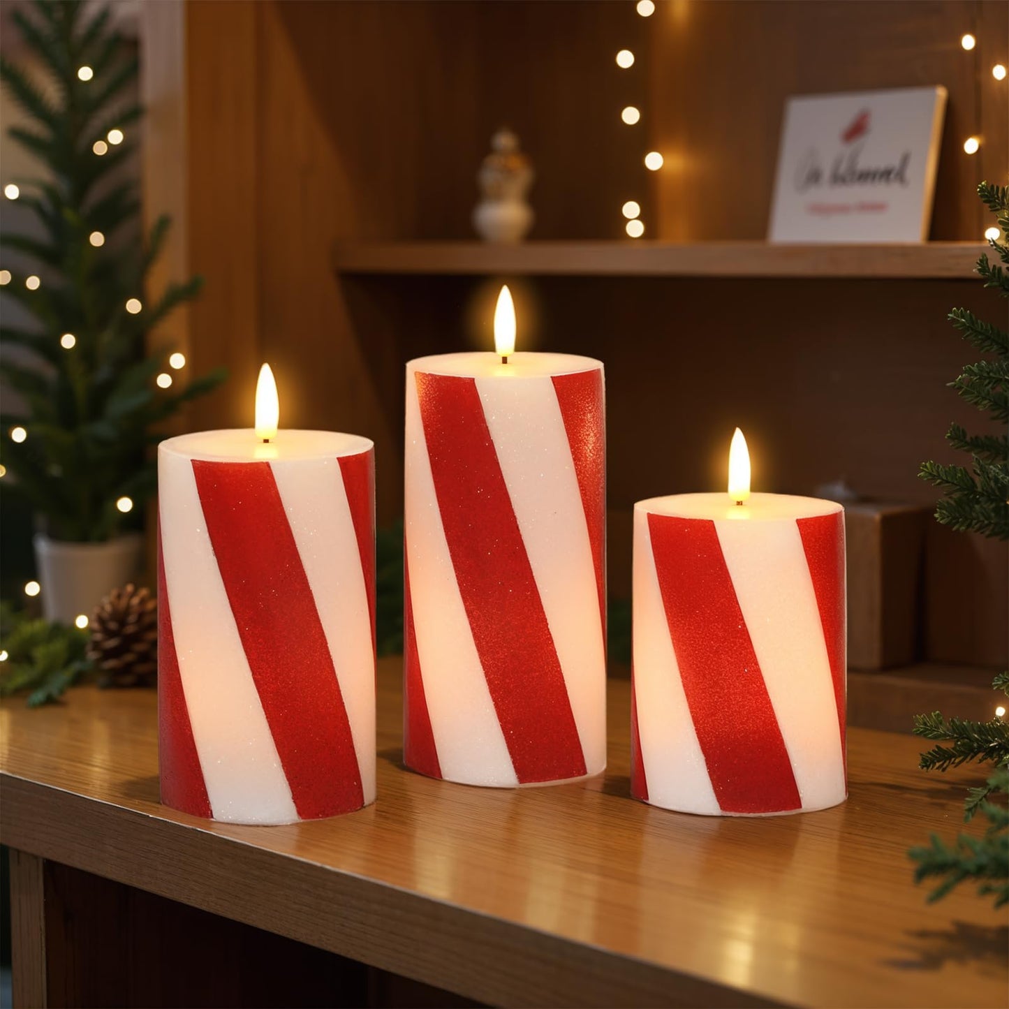 Eldnacele Christmas Candy Cane Stripe Flameless Candles with Remote and Timer, Battery Operated 3D Wick Flickering Real Wax Stripe Glitter Pillar LED Candles Holiday Xmas Decor (3Pcs, D3×H4/5"/6")
