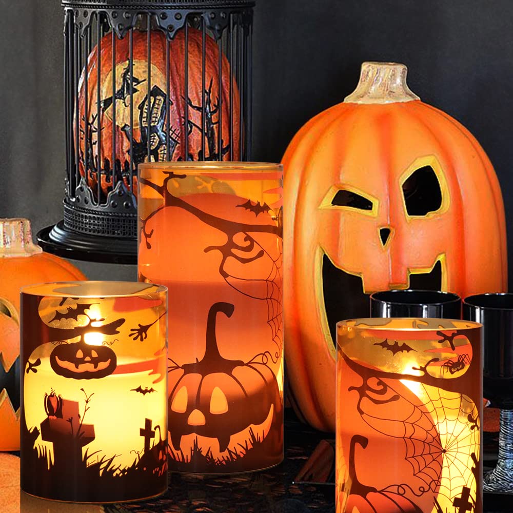 GenSwin Halloween Candles with Pumpkins, 3 Pack Flameless Candles with Remote Timer, Orange Pumpkin Glass Candles Battery Operated with Spiderweb, Halloween Spooky Indoor Decorations (D3” x H4”5”6”)