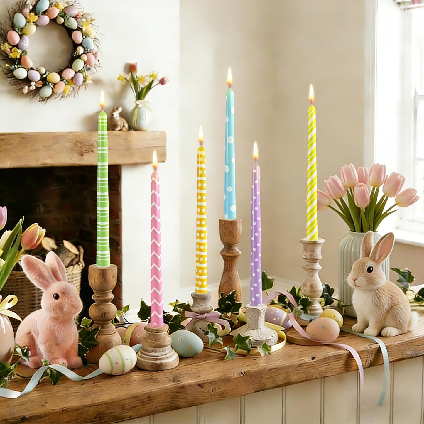 JarThenaAMCS 12Pcs Easter Dripless Taper Candles 10 Inch Long Unscented Candle Sticks Pastel Polka Dot Stripe Wavy Candle for Spring Wedding Anniversary Birthday Party Table Decoration