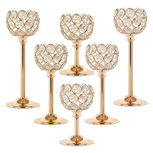 Crystal Candle Holders 2 Set of 6 - Gold Vintage Hollow Ball Candle Stand for Table Centerpiece, Crystal Metal Tealight Candlestick for Wedding, Dining Room Decor