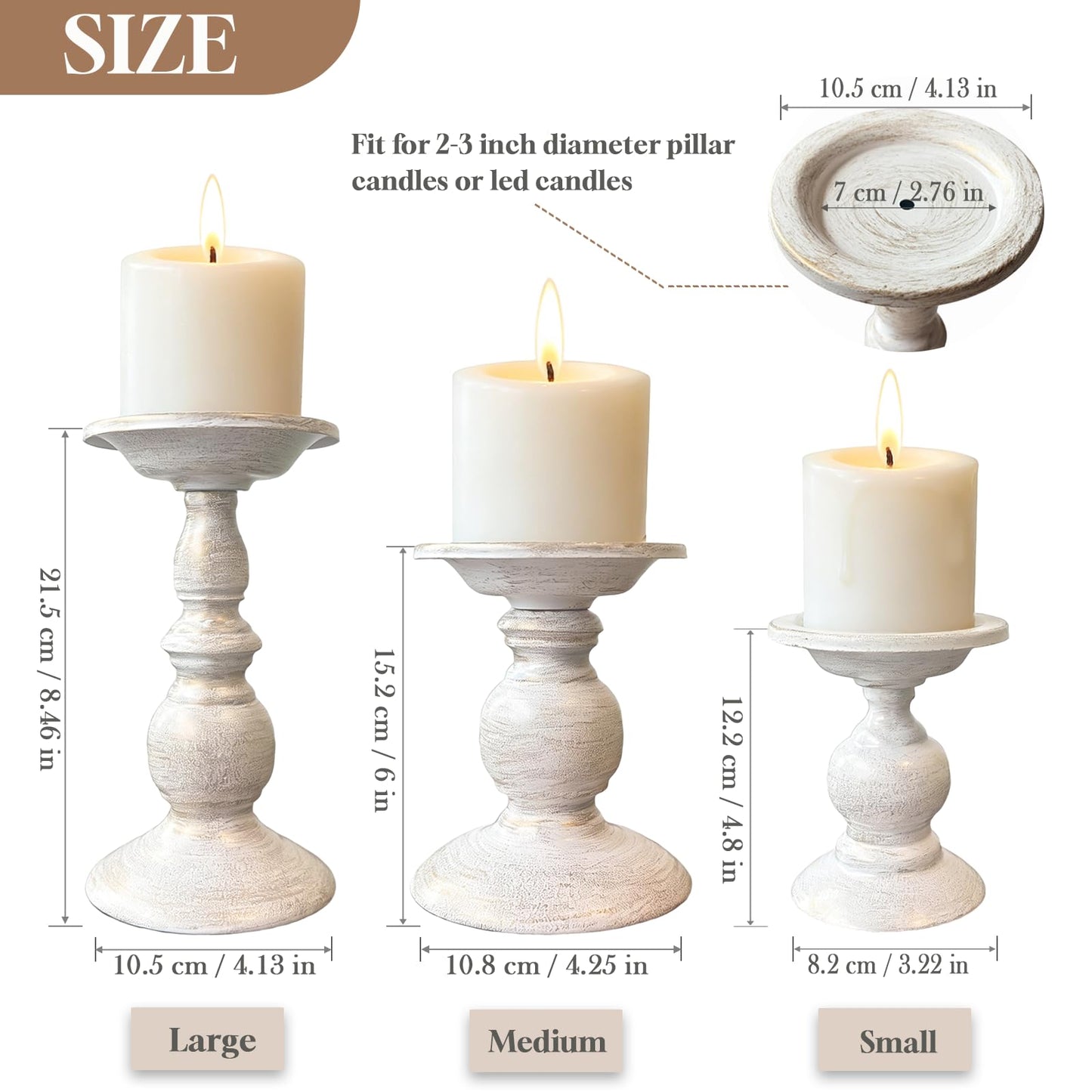 cachiv Pillar Candle Holders Set of 3, Antique Metal Candle Stands Distressed Candle Holders for Weddings Events Home Decor (White)