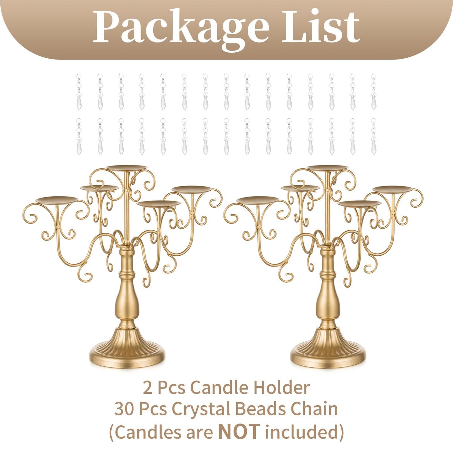 Sziqiqi Gold Candelabra Candle Holder - 5 Arm Pillar Candle Holders with Crystal Beads for Christmas Table Centerpiece Halloween Wedding Candleholders Decoration Set of 2