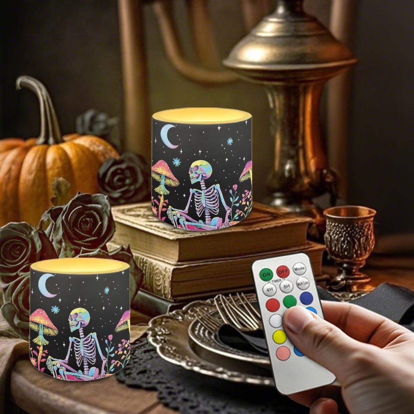 Merkmak Flickering Flameless Candles with Remote Battery Operated Candles with Timer Control 4Pcs LED Pillar Tea Lights for Party Banquet Home Decor, Skeleton Mushroom Moon
