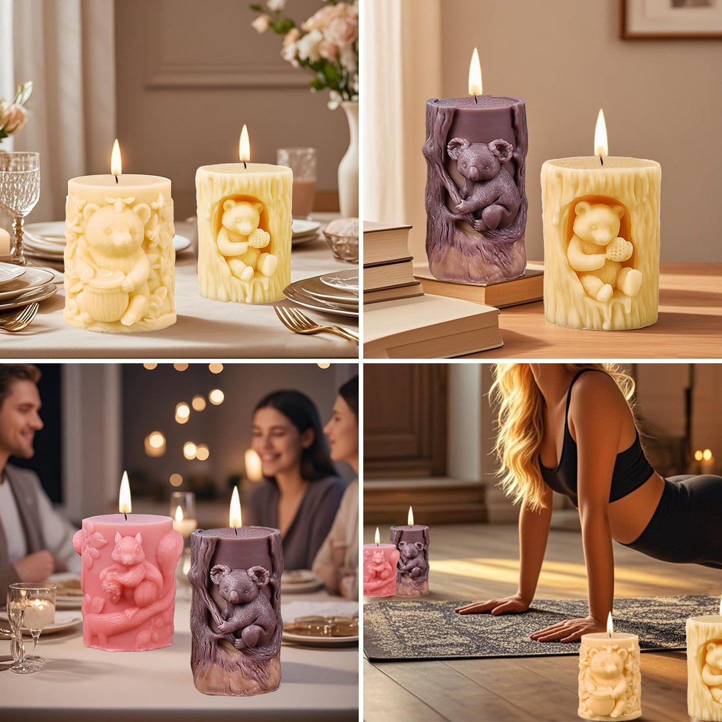 4 Pack 3D Animal Silicone Candle Molds, DIY Bear Koala Squirrel Pillar Candle Molds, Epoxy Resin Casting Molds for DIY Resin Craft, Candle & Soap Making, Perfect for Home Decor