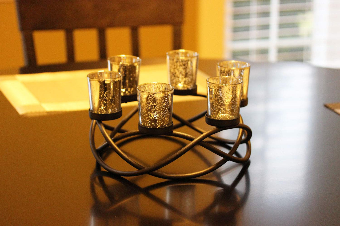 Seraphic Centerpieces for Table Decorations - Round Candle Holders for Outdoor Patio, Dining, Kitchen, Coffee & Wedding Table Decor, Black Iron Candelabra, 6 Silver Glass Votive Tealight Cups