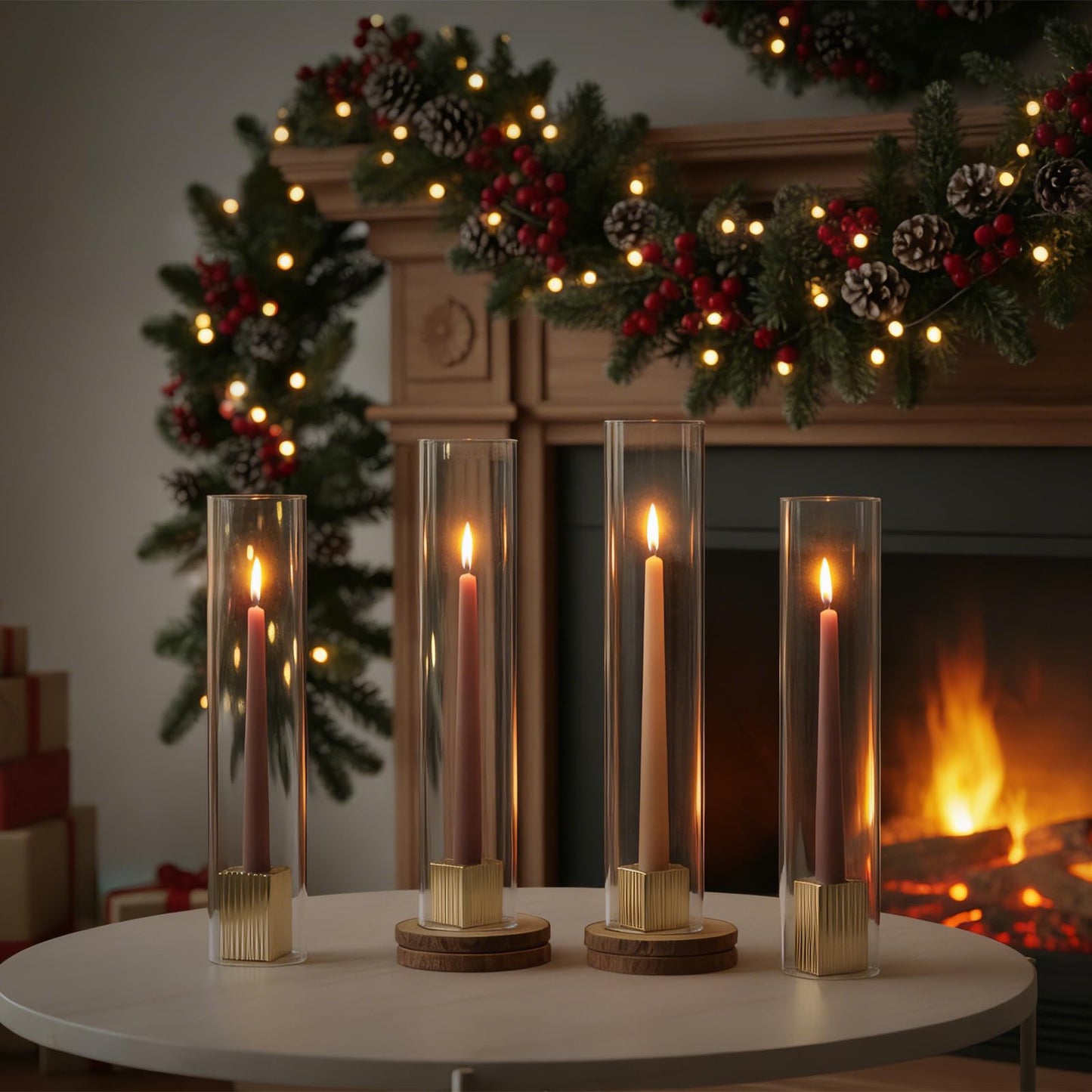 LETINE 14" Tall Hurricane Candle Holders with Gold Ribbed Taper Candle Holders Set of 3– Bulk Windproof Taper Candle Hurricane Glass for Outdoor&Indoors Wedding Centerpiece, Event & Home Decor