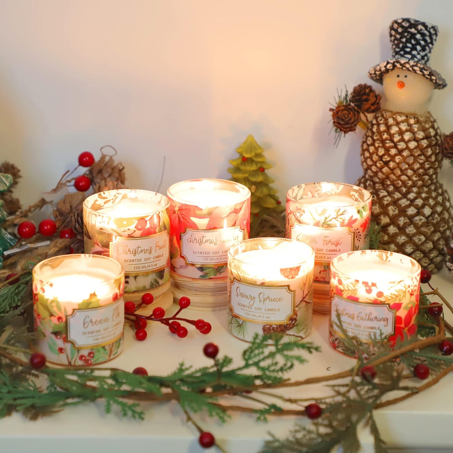 FLAVCHARM 6 Pack Christmas Scented Candles with Lid Soy Wax Strong Fragrance Different Scent Clean Burn Long Time Aromatherapy Glass Jar Candles for Home Scented Xmas Theme Decorations Gift Set