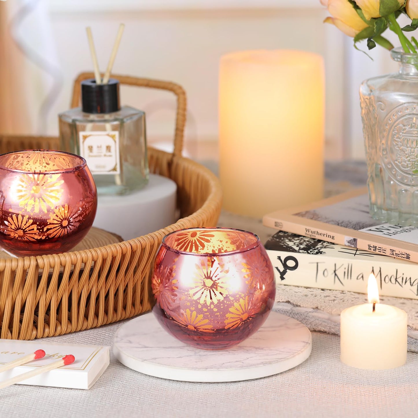 sunnyfuture Pink Mercury Glass Votive Candle Holders Set of 12, Round Tealight Candle Holders for Table Centerpieces, Weddings, Shower Gifts, Valentine's Day, Mother's Day, Party Decorations