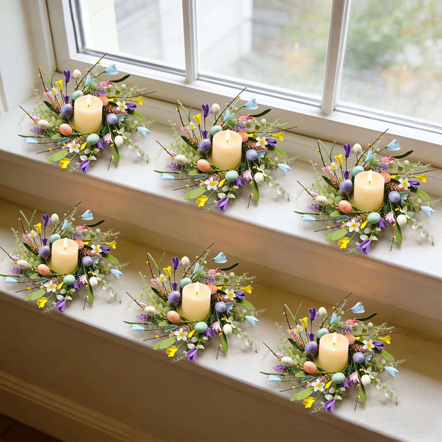 6 Pcs Easter Small Candle Rings Wreaths Mini Pillar Candle Holder Wreath with Eggs and Flowers Artificial Spring Yellow Berries Wreath for Home Kitchen Front Door Window Porch Wall Table Cnterpieces