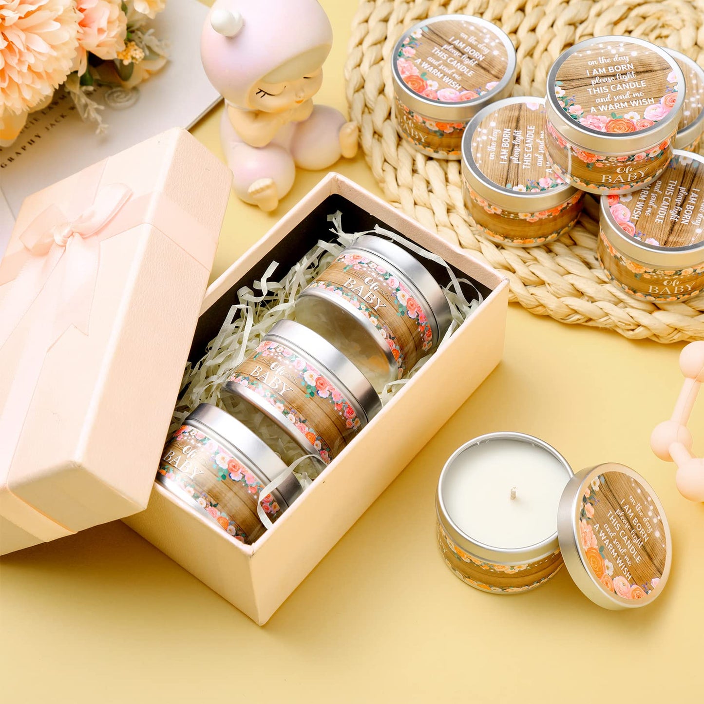 Funtery 12 Pcs Baby Shower Party Favors for Guests Baby Shower Candles Lavender Scented Candle Rustic Tealights Candles Gender Reveal Return Gifts(Flower)
