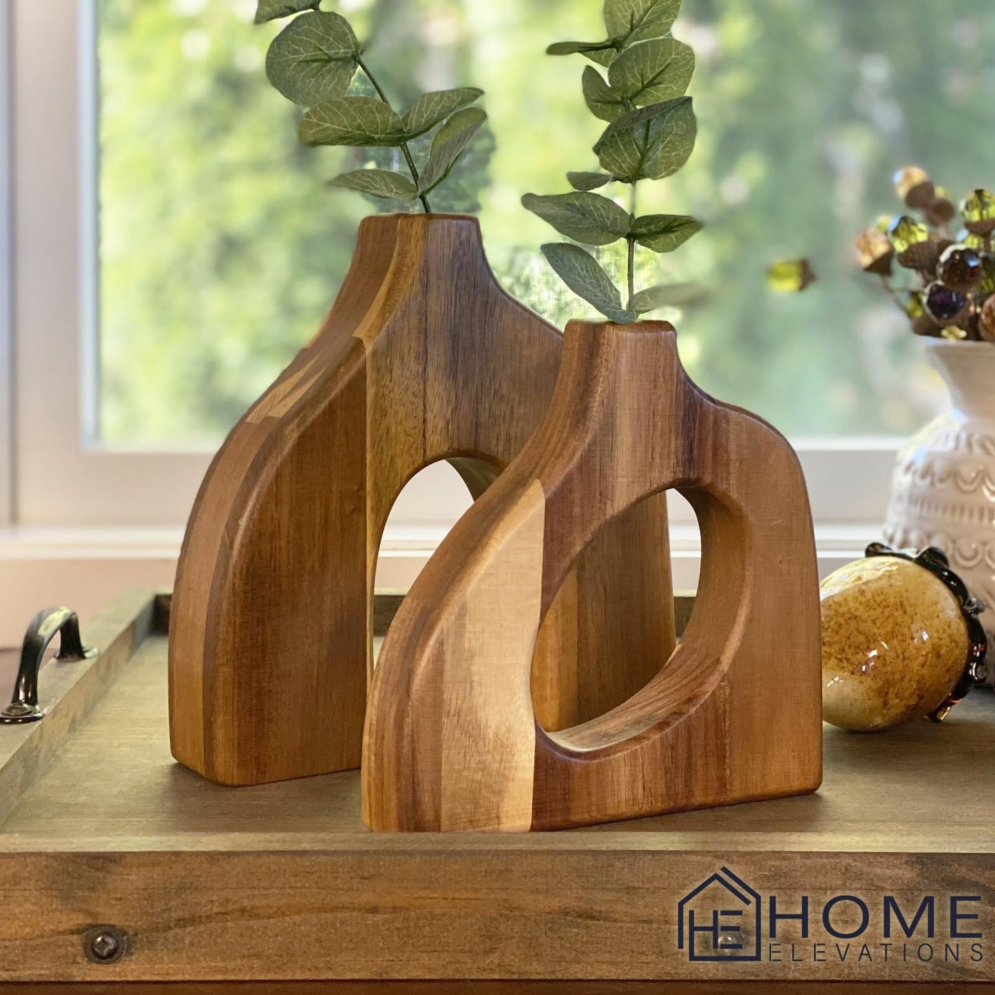Wooden Vases for Decor Set of 2 - Small Decorative Wood Vase for Faux Flowers & Plants - Modern & Scandinavian Home Decor for Table, Centerpieces, & Living Room