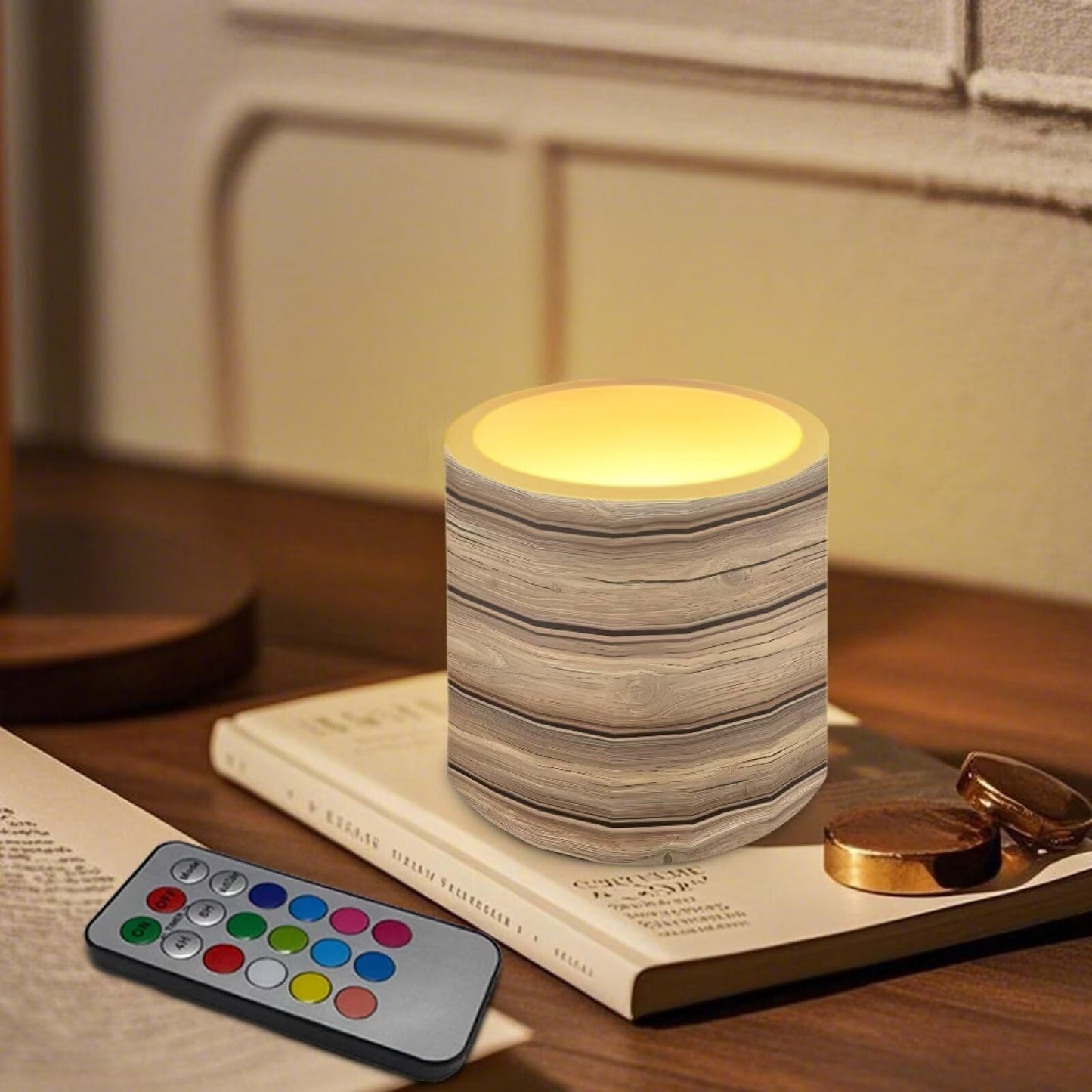 Cozeyat Wood Grain LED Candles Set of 4 Battery Powered Flameless with Remote Timer Dancing Flame Waterproof for Home Garden Table Use